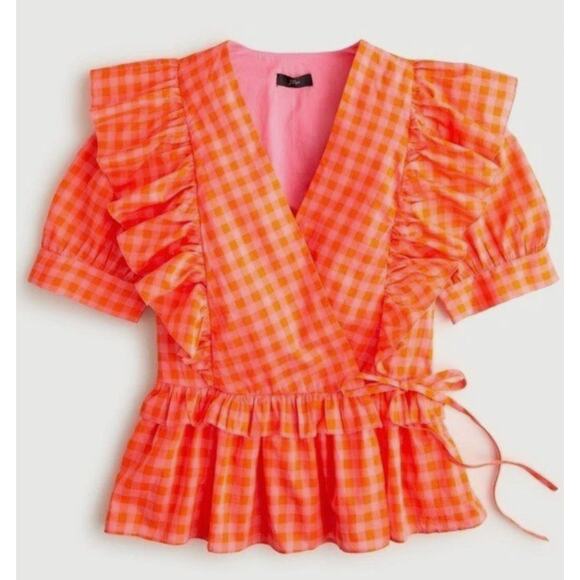 J.Crew Shirt Womens XS Pink Orange Gingham Wrap Ruffle Tie Waist Peplum AW940 - Picture 3 of 10